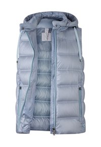 Helles blaues, gepolstertes Weste mit Kapuze, aus glänzendem Stoff. Verfügt über Reißverschlusstaschen vorne und einen durchgehenden Reißverschluss.