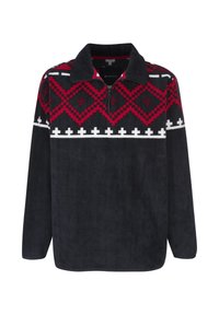 Marineblauer Fleecepullover mit einem Viertelreißverschluss, der ein rot-weißes geometrisches Muster über der Brust und ein klassisches Kragen-Design aufweist.