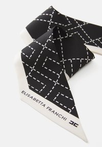 Black silk scarf featuring a white dashed line pattern, with pointed ends and a white border displaying the brand name "ELISABETTA FRANCHI."