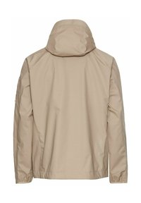 Beige, letvægtsjakke med hætte, der har elastiske manchetter og en glat overflade. Bemærkelsesværdig syning langs sømmene.