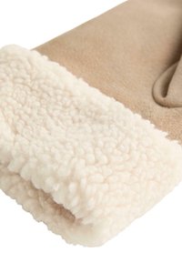 Bež rokavice z mehkim, kremastim flisom na zapestju. Gladek zunanji material, rahlo teksturirana površina in prijeten dizajn.