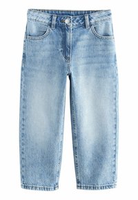 Light blue denim jeans with a straight cut, button closure, and five pockets. Features subtle fading and stitching along the seams.