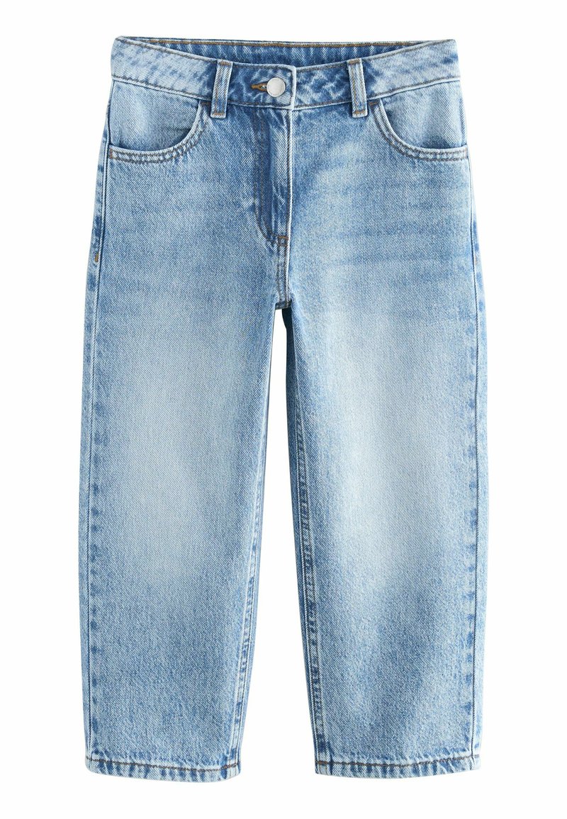 Light blue denim jeans with a straight cut, button closure, and five pockets. Features subtle fading and stitching along the seams.
