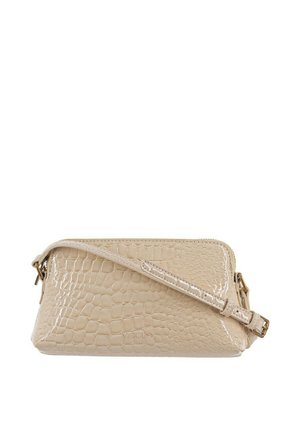 Borsa a tracolla rettangolare beige con texture coccodrillo, tracolla regolabile e accessori in metallo dorato, con etichetta "VICCOLO" al centro davanti.