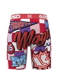 Boxer a pantaloncino rosso e bianco con trama in mesh, caratterizzati da loghi sportivi di Toronto, grafiche vivaci e una fascia in vita a contrasto.