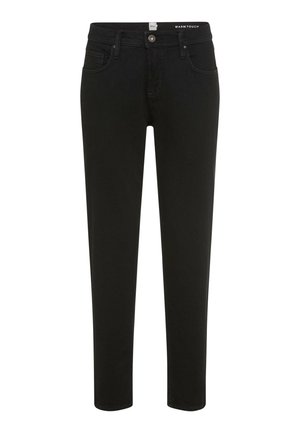 Black jeans made from soft, stretchy fabric. Features a classic five-pocket design, belt loops, and a zip fly with a button closure.