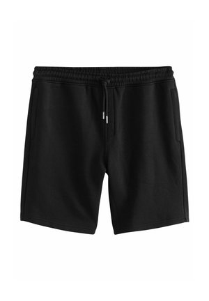 Black shorts made of soft, stretchy fabric. Features an elastic waistband with a drawstring and two side pockets. Simple design.