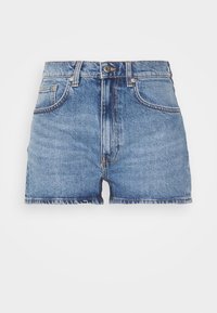 Modré džínové šortky s vysokým pasem, předním knoflíkem a zipem, poutky na pásek a designem s pěti kapsami na bílém pozadí.