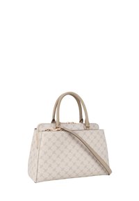 Beige handtas met een gestructureerd patroon, afgeronde handgrepen, een afneembare schouderriem en gouden beslagdetails.