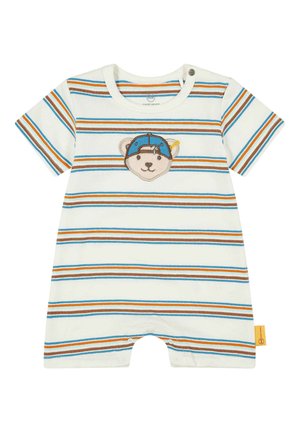 Rompers à manches courtes rayé en blanc, présentant des rayures bleues, oranges et brunes. Graphique d'ours centré portant une casquette bleue. Fermeture à pression au niveau des jambes.