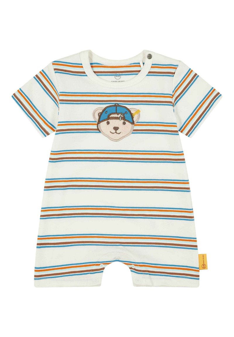 Rompers à manches courtes rayé en blanc, présentant des rayures bleues, oranges et brunes. Graphique d'ours centré portant une casquette bleue. Fermeture à pression au niveau des jambes.