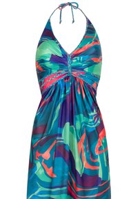 Mehrfarbiges Halterkleid mit lebhaften Grüntönen, Blau- und Rottönen. Leichter, fließender Stoff mit gerafftem Oberteil und geflochtenen Details.