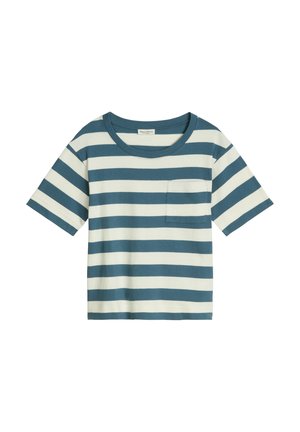Kurzärmeliges Rundhals-T-Shirt mit breiten horizontalen blauen und weißen Streifen und einer kleinen Tasche auf der linken Brust.