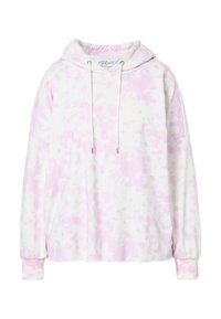 Hellrosa und weiße Batik-Hoodie mit einer vorderen Kängurutasche, langen Ärmeln, weichem Material und verstellbarem Kordelzug am Hals.