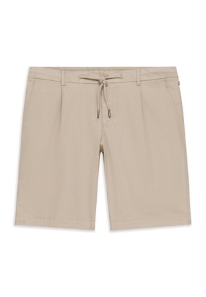 Beige knielange Shorts mit Fronttaschen, Gürtelschlaufen und einem Kordelzug in der Taille.