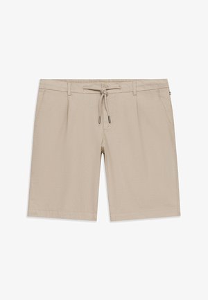 Beige knielange Shorts mit Fronttaschen, Gürtelschlaufen und einem Kordelzug in der Taille.