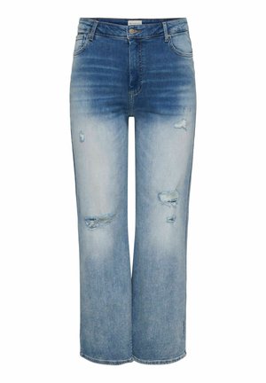 Blauwe verwassen wijde jeans met versleten stukken op dijen en knieën, voorste knoop- en ritssluiting en vijf zakken.