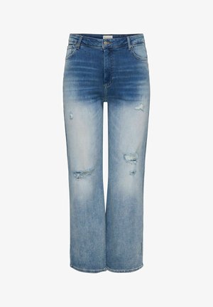 Sinised pleekinud laiade säärega teksad, millel on reitel ja põlvedel kulunud laigud, esikinnis nööpide ja tõmblukuga ning viie tasku disain.