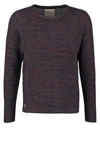 Maglione a maglia texture in blu scuro con pagliuzze rosse. Collo rotondo e maniche lunghe. Etichetta sul lato sinistro in basso.