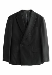 Schwarze Doppelreiher-Tuxedojacke mit vertikalen Nadelstreifen, Reverskragen, zwei Fronttaschen und geknöpften Manschetten. Gefüttertes Innenfutter.