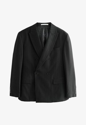 Black double-breasted tuxedo jacket with vertical pinstripes, notched lapels, two front pockets, and buttoned cuffs. Lined interior.
