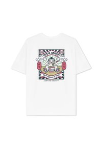 White short-sleeve t-shirt featuring a colorful graphic of a cartoon character with ramen, surrounded by clouds and accents in red and blue.