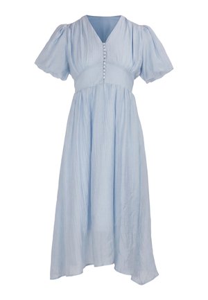 Light blue midi dress with puff sleeves, V-neck, gathered waist, front button detail, and flowy asymmetrical hem.