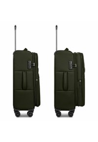 Groene polycarbonaat koffers met een grof oppervlak, dubbele compartimenten, ritsen, verzonken wielen en een uitschuifbaar handvat.