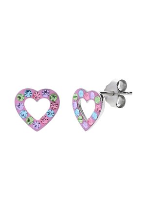 Heart-shaped silver stud earrings with pink enamel and multicolored gemstones in green, blue, purple, and pink around the edges.