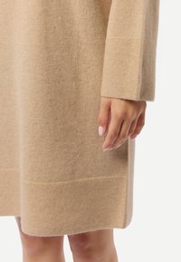 Robe en laine beige présentant une texture douce, des manches longues, une coupe droite, avec des coutures visibles et un ourlet qui se termine au-dessus du genou.
