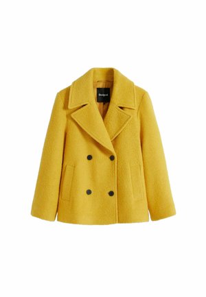Yellow wool blend peacoat with a textured finish, double-breasted design, wide lapels, two front patch pockets, and black button accents.