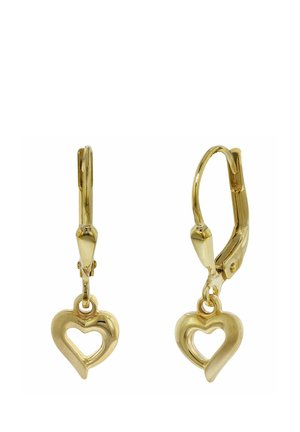 Pair of gold hoop earrings with small, hollow heart-shaped charms hanging from each hoop.