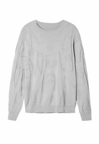 Jasnoszary sweter z dzianiny o teksturowanym wzorze, okrągłym dekolcie i ściągaczami na rękawach. Z przodu znajduje się subtelne niebieskie logo.