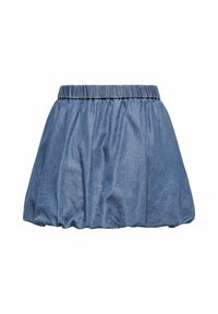 Denimska krila s elastiko na pasu, razširjena silhueta in srednje modra barva. Mehka tekstura s klasičnim denimski tkanjem.