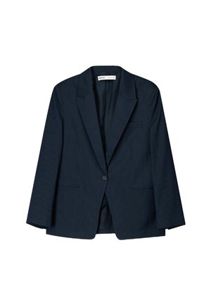 Navy striped blazer in soft fabric, single button closure, notch lapels, and front pockets. Classic tailored shape with collared neckline.
