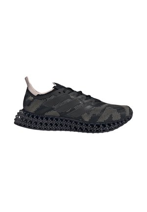 Chaussure de course noire et grise avec tige tricotée, trois bandes sur le côté et semelle à structure en treillis conçue pour l’amorti et le soutien.