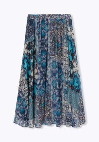 Jupe drapée ornée de motifs floraux bleus et bruns complexes sur un fond clair, avec une taille élastique pour le confort et la flexibilité.