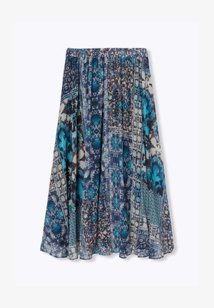 Jupe drapée ornée de motifs floraux bleus et bruns complexes sur un fond clair, avec une taille élastique pour le confort et la flexibilité.