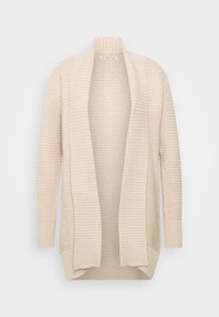 Beżowy sweter kardigan z dzianiny z otwartym przodem, długimi rękawami, prążkowaną fakturą i luźnym krojem. Dekolt ma wysoki, przytulny kołnierz.
