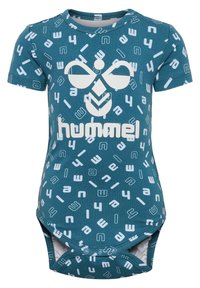 Teal kortärmad bodysuit i bomull, med vita bokstäver och former i ett upprepat mönster. Tryckknapp stängning i botten.