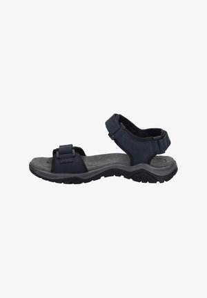 Navy blue sandal featuring a synthetic upper, adjustable straps, cushioned footbed, and textured rubber sole for grip and comfort.