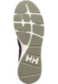 Podeszwa buta z podzielonymi na segmenty szarymi bieżnikami, białą podstawą i logo "HH" blisko pięty, zaprojektowana dla lepszej przyczepności i elastyczności.