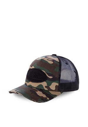 Camo-patterned baseball cap with black mesh back and black oval patch displaying embossed brand name on the front.