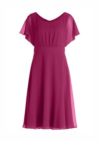 Fuchsia Chiffonkleid mit kurzen, flatternden Ärmeln, geraffter Taille und A-Linien-Silhouette. Weiche Textur, knielanges Design.