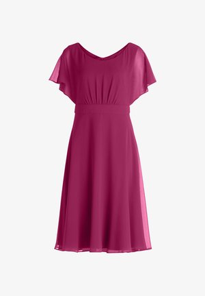 Fuchsia chiffon jurk met korte fluttermouwen, geplooide taille en een A-lijn silhouet. Zachte textuur, knielange ontwerp.