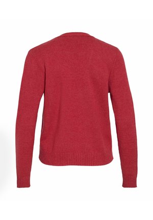 Cardigan rosso lavorato a maglia con maniche lunghe, scollatura rotonda e polsini e orlo a costine. Texture liscia, design semplice e pulito.