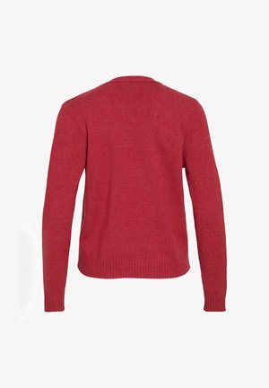 Červený pletený cardigan s dlouhými rukávy, kulatým výstřihem a žebrovanými manžetami a lemem. Hladká textura, jednoduchý a čistý design.