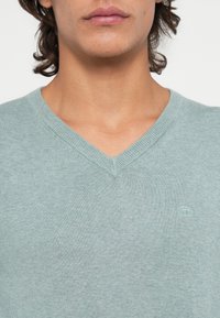 Svetlo modra v-neck pulover iz mehkega, teksturiranega blaga. Ima subtilen logotip na prsih in klasičen pleten vzorec ob izrezu.