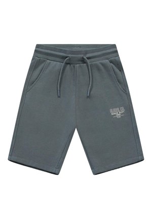 Donkergrijze katoenen korte broek tot op de knie met trekkoord in de taille, zijzakken en een klein wit logo "Global Co. Denim Dept." op de linker dij.