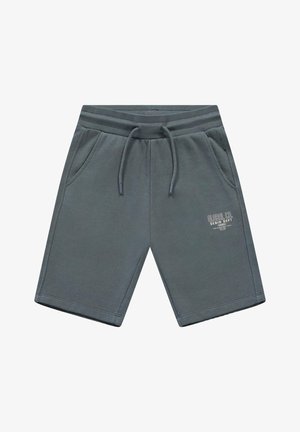 Donkergrijze katoenen korte broek tot op de knie met trekkoord in de taille, zijzakken en een klein wit logo "Global Co. Denim Dept." op de linker dij.